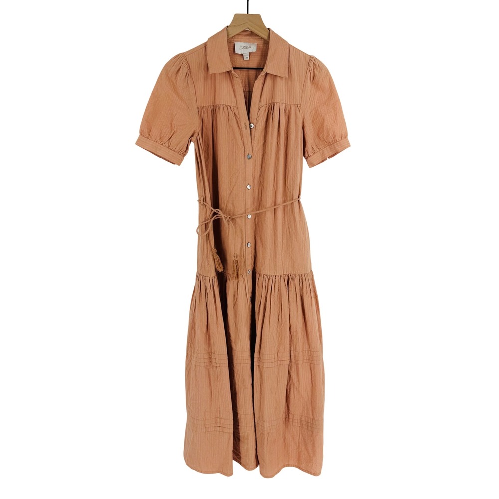 Cleobella Terracotta Peach Cotton Tiered Midi Dress Size XS Boho Peasant Cottage